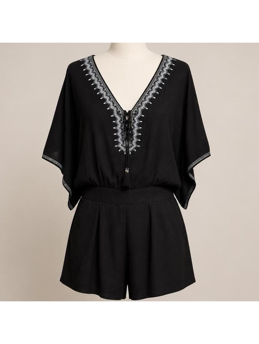 White House Black market Black Embroidered Romper Size 10